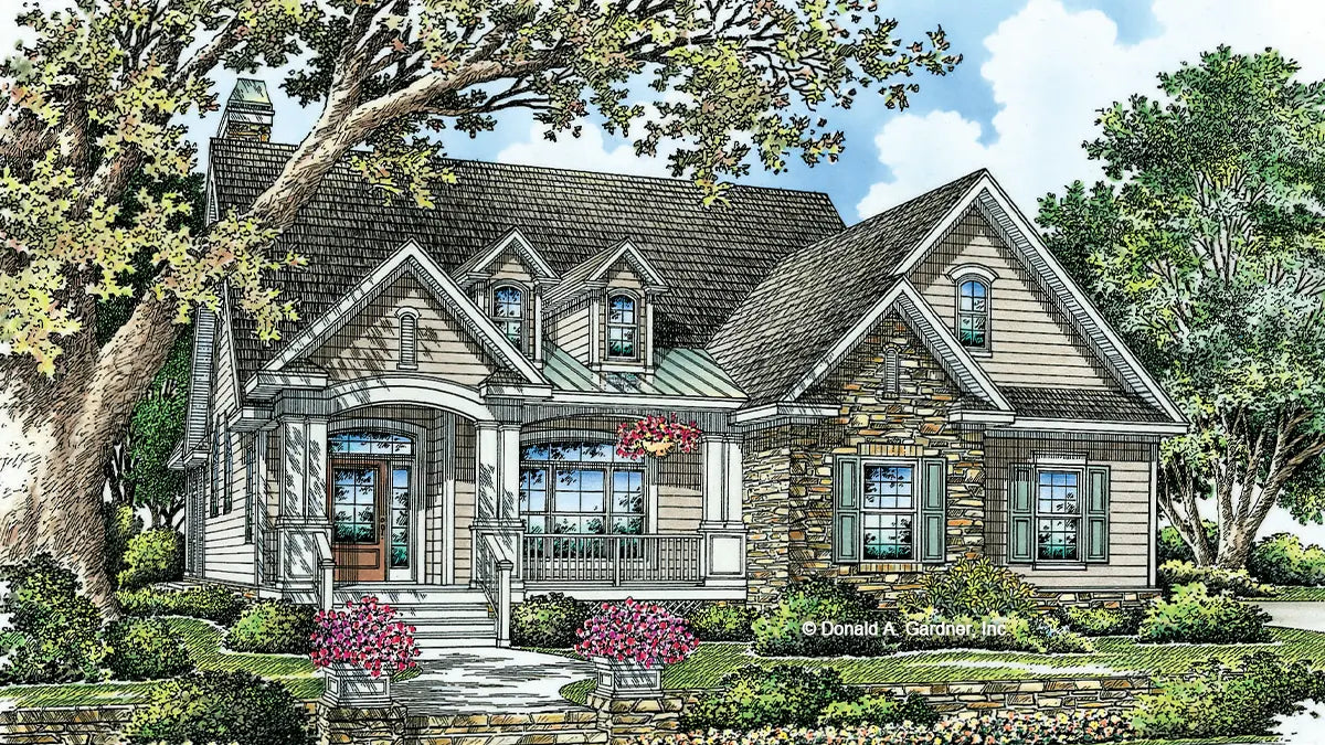 Front view illustration with dormers. The Atwood plan #1161.