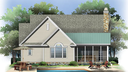 Rear view illustration with screened in porch.  The Atwood plan #1161.