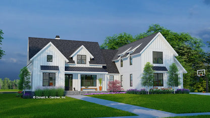 This is an illustration of the front of modern farmhouse house plan 1617 The Audrey