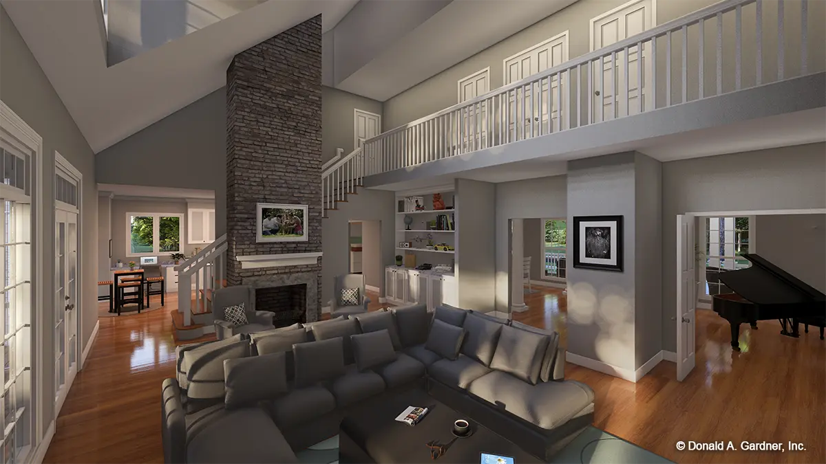 Digital illustration of the interior great room with floor to ceiling fireplace. The Augusta plan 381.