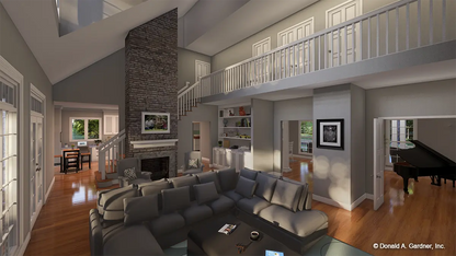 Digital illustration of the interior great room with floor to ceiling fireplace. The Augusta plan 381.