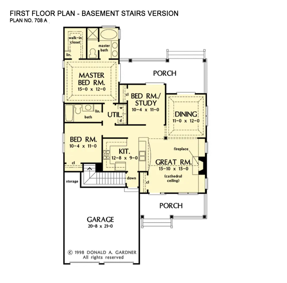 This is the first floor plan image for narrow lot house plan 708 The Aurora if the home is built over a basement