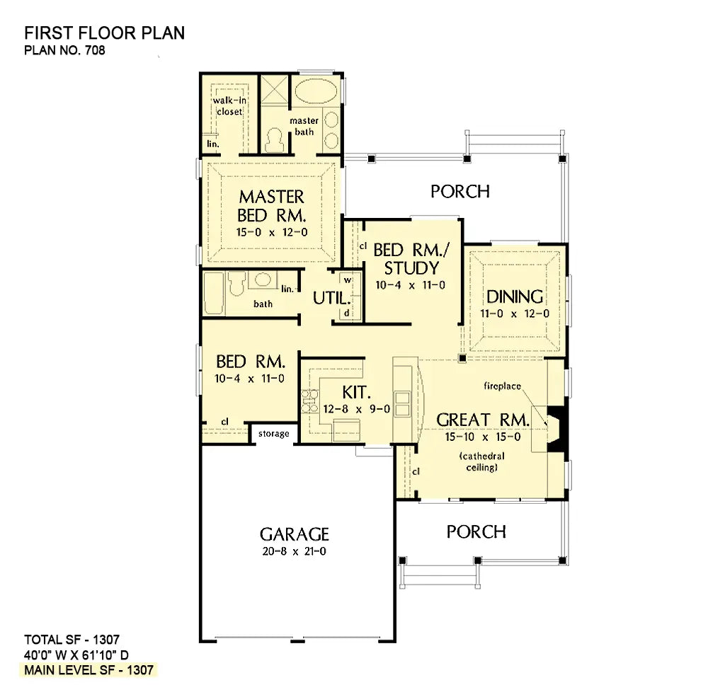 This is the first floor plan image for small house plan 708 The Aurora