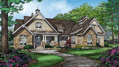 This is an illustration of the front of Luxury Ranch house plan 1409 The Austin