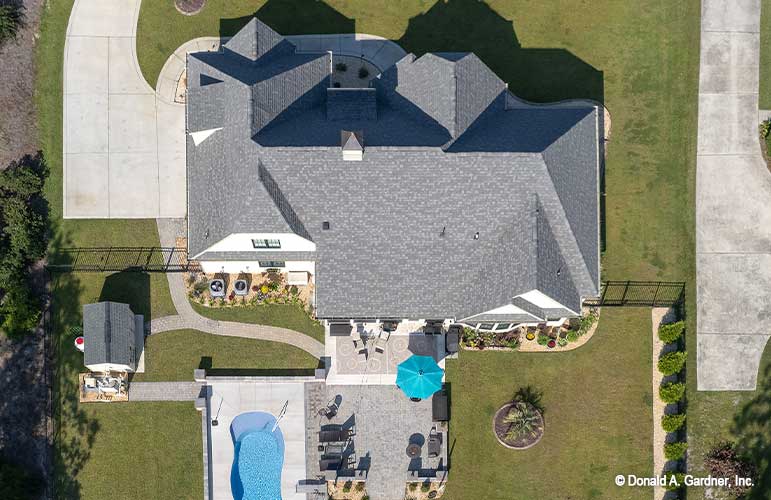 Birdseye view of the roof and back yard. The Avant plan 1346.