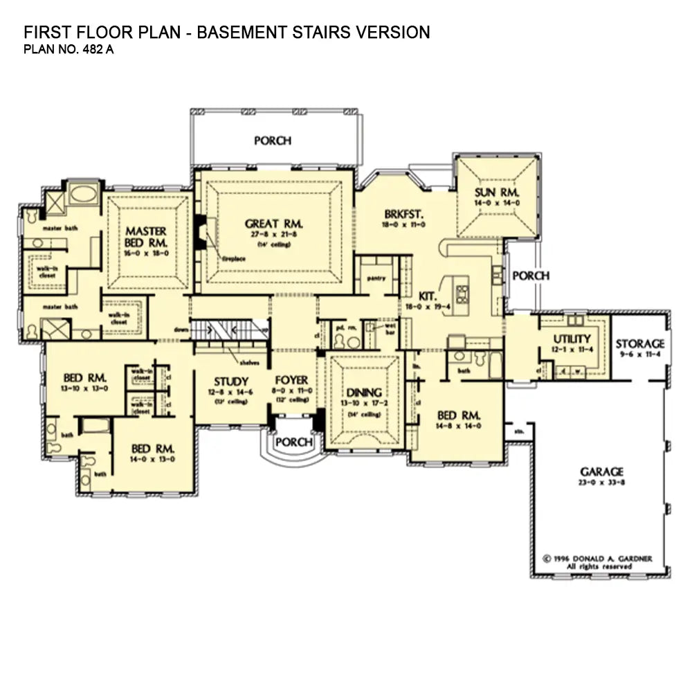 This is the first floor plan image for brick house plan 482 The Avery if the home is built over a basement