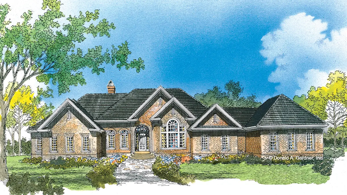 This is an illustration of the front of luxury house plan 482 The Avery