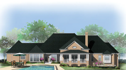 This is an illustration of the rear of brick house plan 482 The Avery