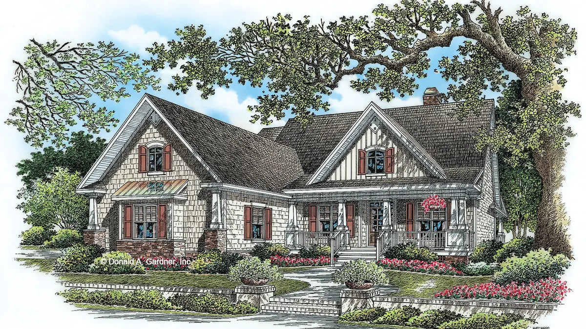 This is an illustration of the front of rustic house plan 1115 The Bailey