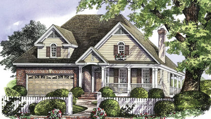 Front view illustration with a two-car garage. The Bakersfield plan 965.