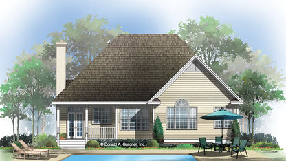 Rear view illustration with a covered patio. The Bakersfield plan 965.