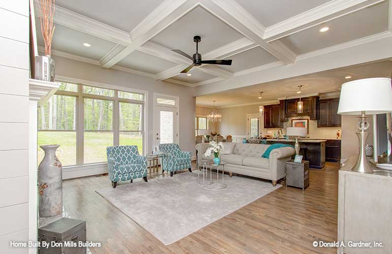 Coffered ceiling and recessed lighting in the great room. The Bantry plan 1336.