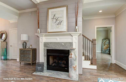 Fireplace and mantel in the great room. The Bantry plan 1336.