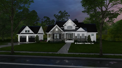 Front view illustration at dusk. The Bark Hollow plan 5014.