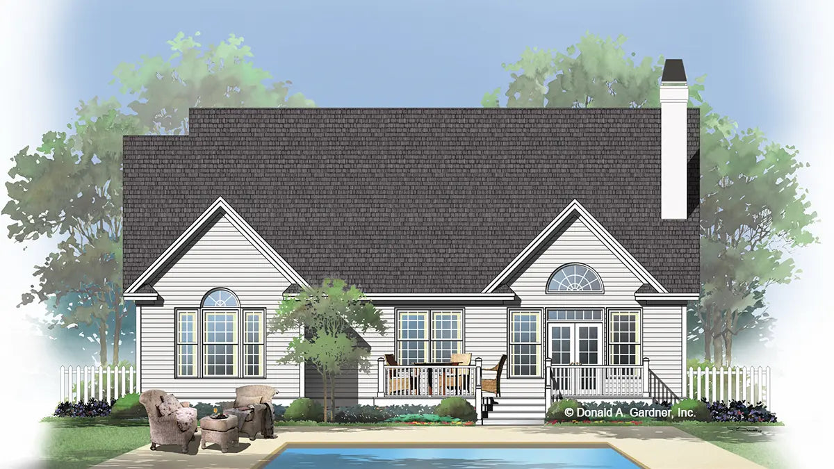  This is an illustration of the rear of brick house plan 982 The Barrymore