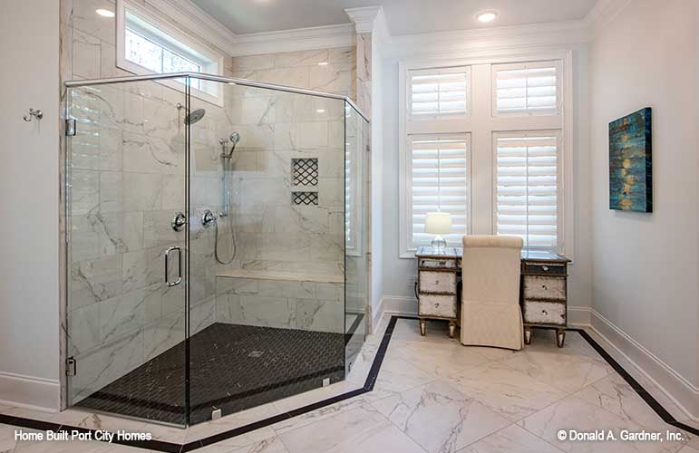 Large walk-in shower in the master bathroom. The Barlett plan 1372. 