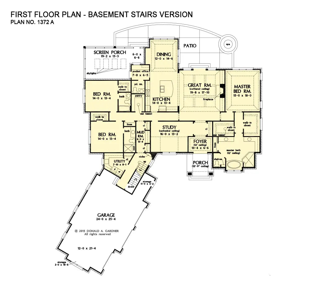 This is the first floor plan image for luxury house plan 1372 The Bartlett if the home is built over a basement