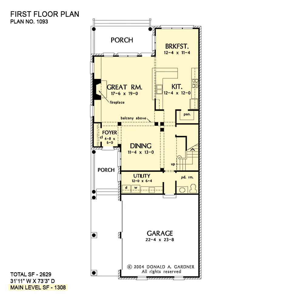 narrow and deep layout with the garage in the front, then a utility room, dining area, great room with fireplace open to the kitchen and breakfast nook on the right