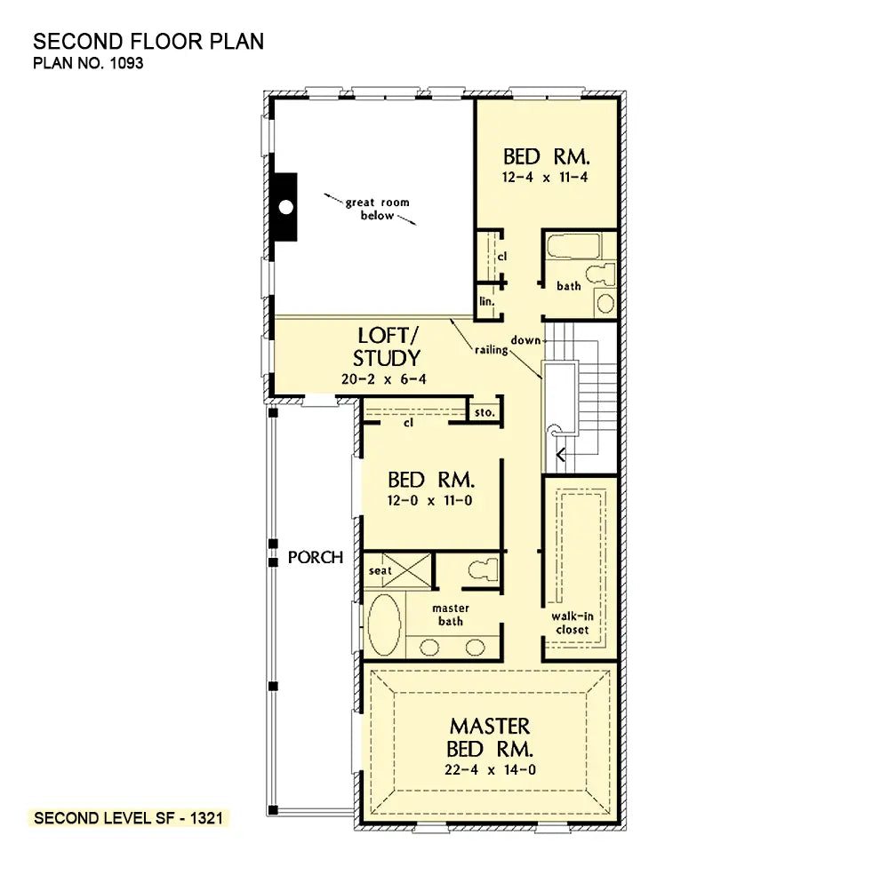 second floor plan with a loft, open area over the great room, 2 bed rooms bath, and the master suite