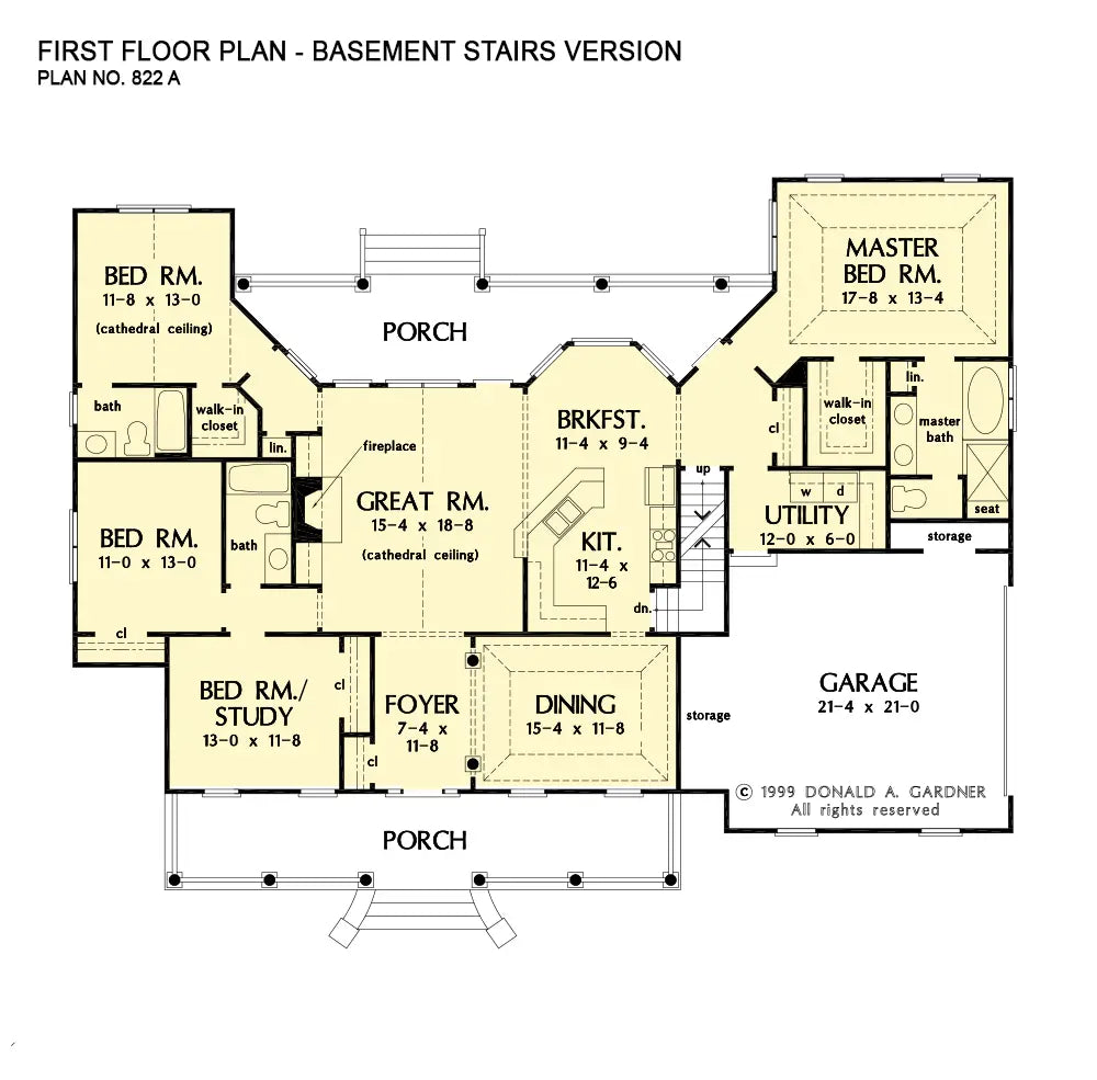 This is the first floor plan image for four bedroom house plan 822 The Baxendale if the home is built over a basement