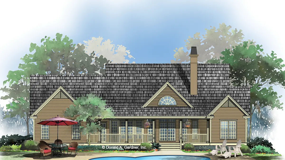 This is an illustration of the rear of four bedroom house plan 822 The Baxendale