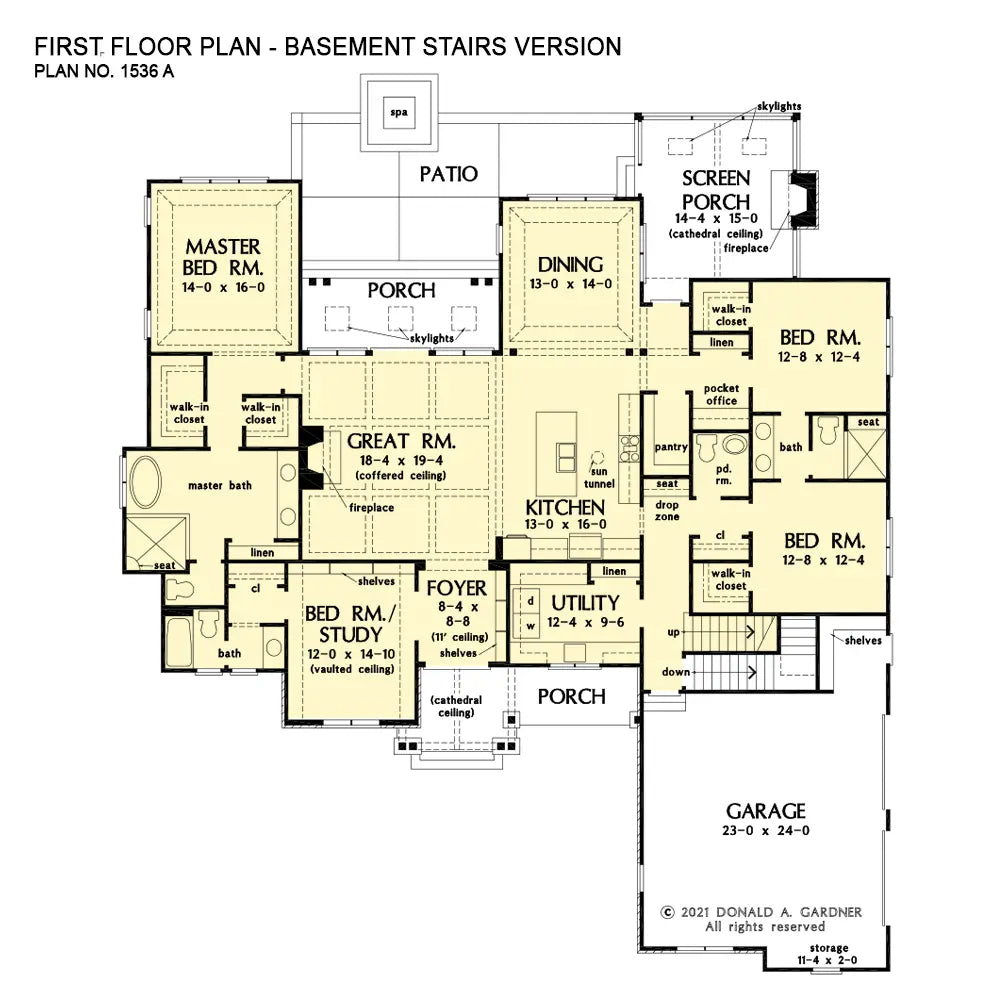 This is the first floor plan image for family house plan 1536 The Baxter if the home is built over a basement