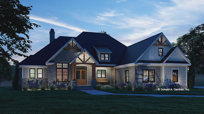 This is an illustration of the front of rustic house plan 1536 The Baxter at dusk