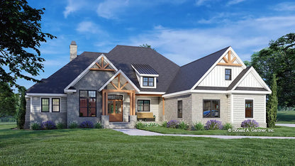 This is an illustration of the front of cottage house plan 1536 The Baxter