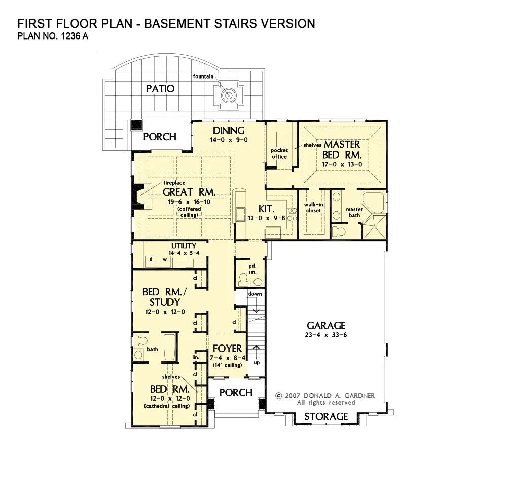 This is the first floor plan image for cottage house plan 1236 The Beauxville if the home is built over a basement