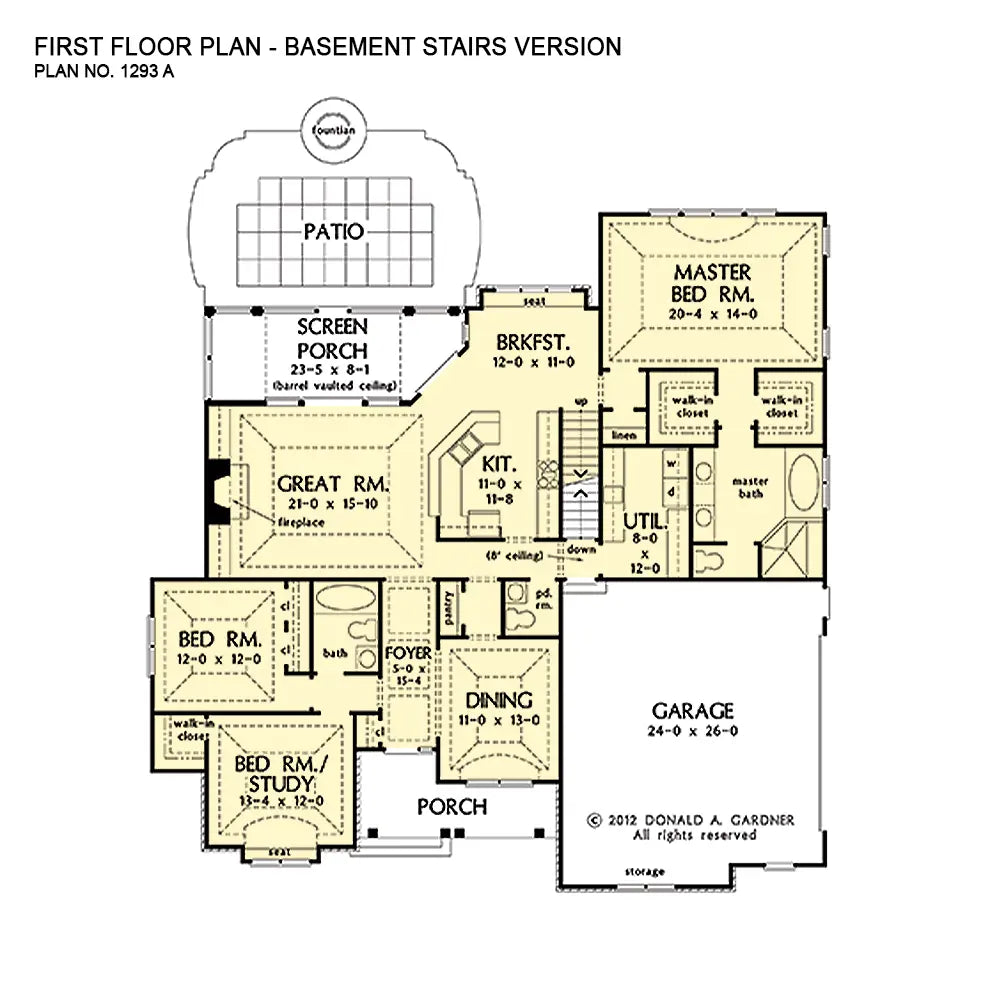 This is the first floor plan image for one story house plan 1293 The Becker if the home is built over a basement