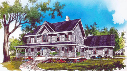 This is an illustration of the front of four bedroom house plan 348 The Belhamy