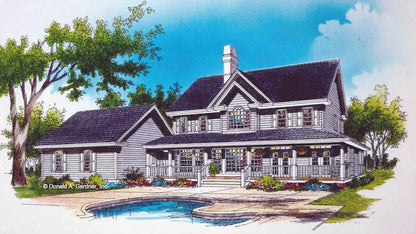 This is an illustration of the rear of farmhouse house plan 348 The Belhamy