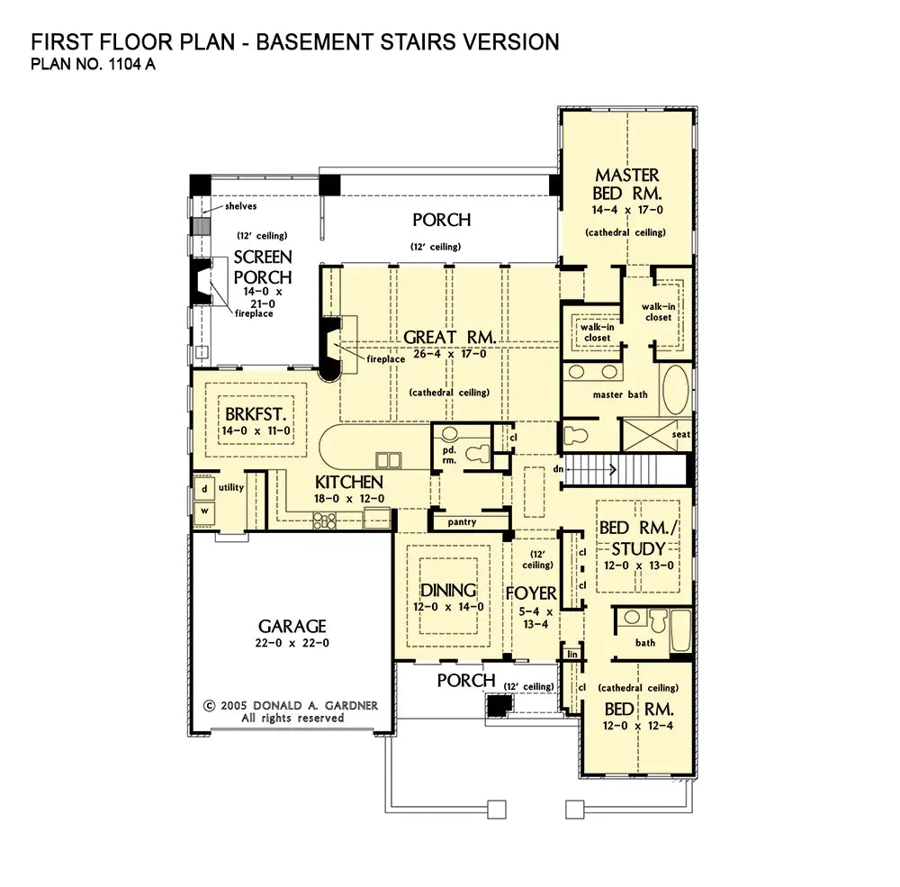 This is the first floor plan image for mediterranean house plan 1104 The Bellavita if the home is built over a basement