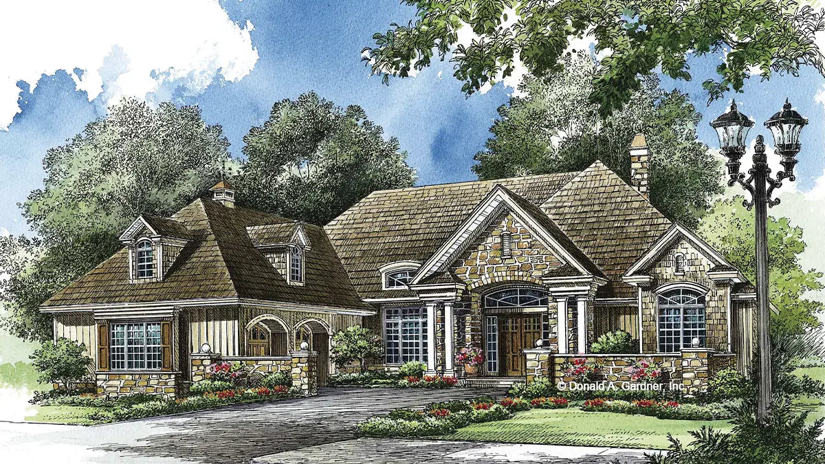 This is an illustration of the front of one story house plan 1097 The Belmeade 