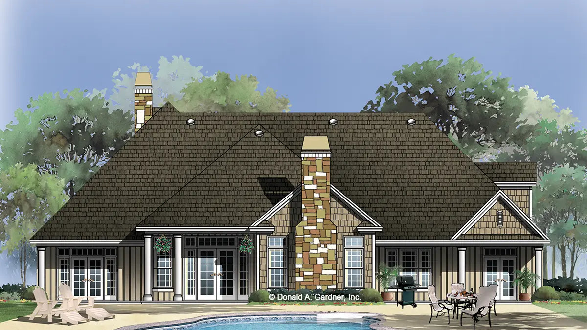 This is an illustration of the rear of rustic house plan 1097 The Belmeade