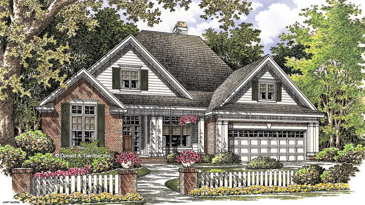 This is an illustration of the front of three bedroom house plan 1101 The Benjamin 