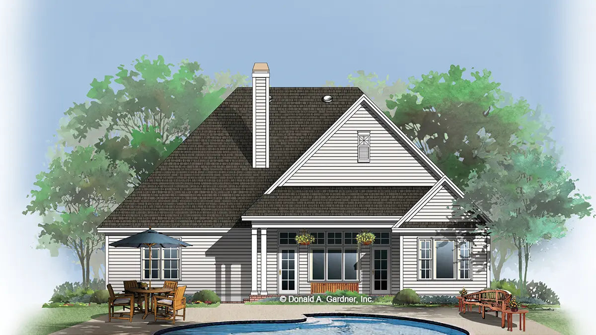 This is an illustration of the rear of cottage house plan 1101 The Benjamin