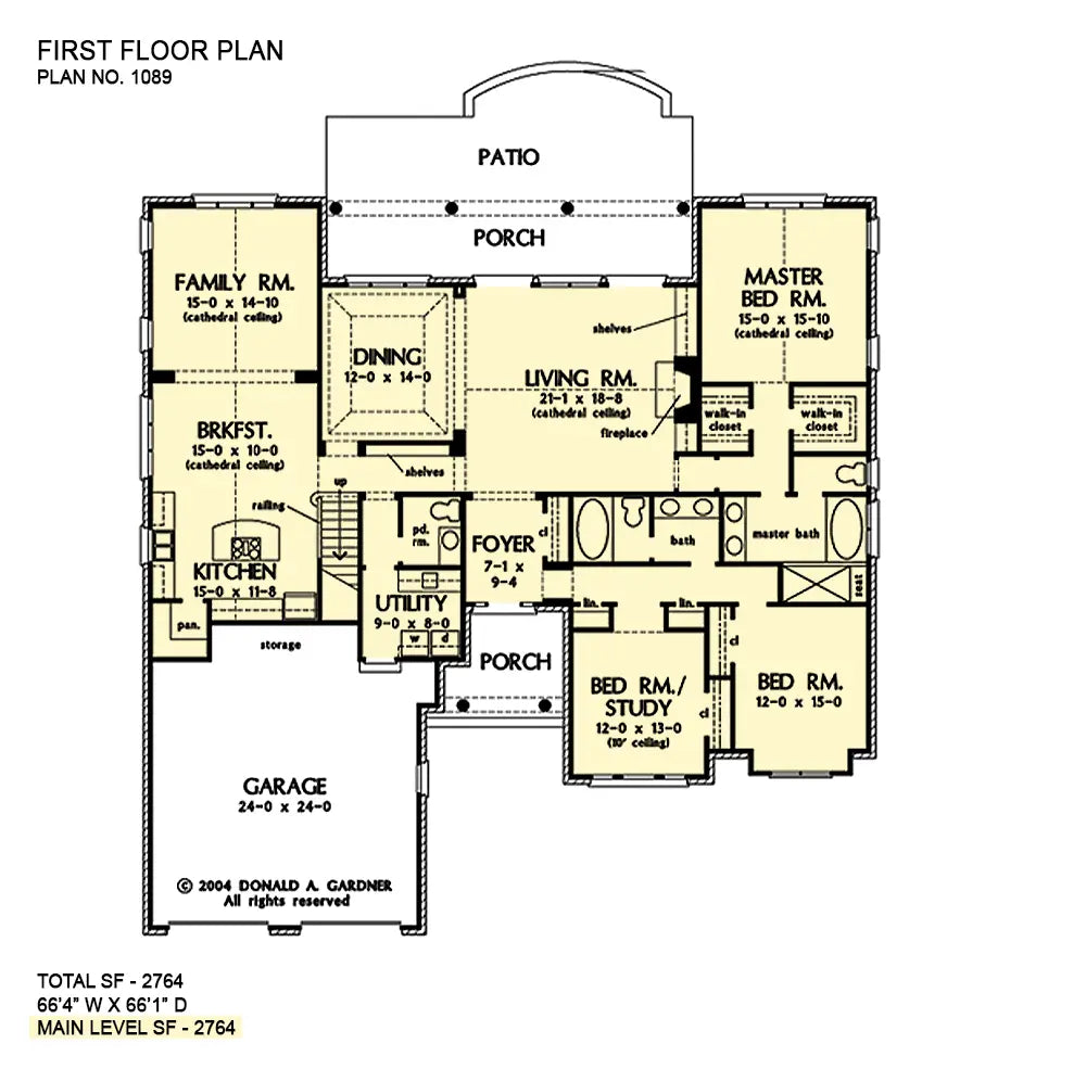 first floor plan with a study, bedroom, family room, utility room, and large living room and dining area in the middle rear of the plan