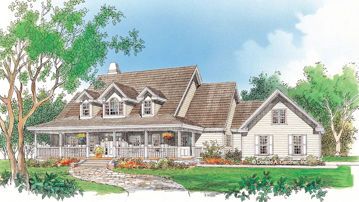 This is an illustration of the front of farmhouse house plan 308 The Bentonville