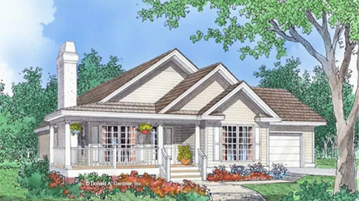 Front view illustration with a covered front porch. The Berkeley plan 460.