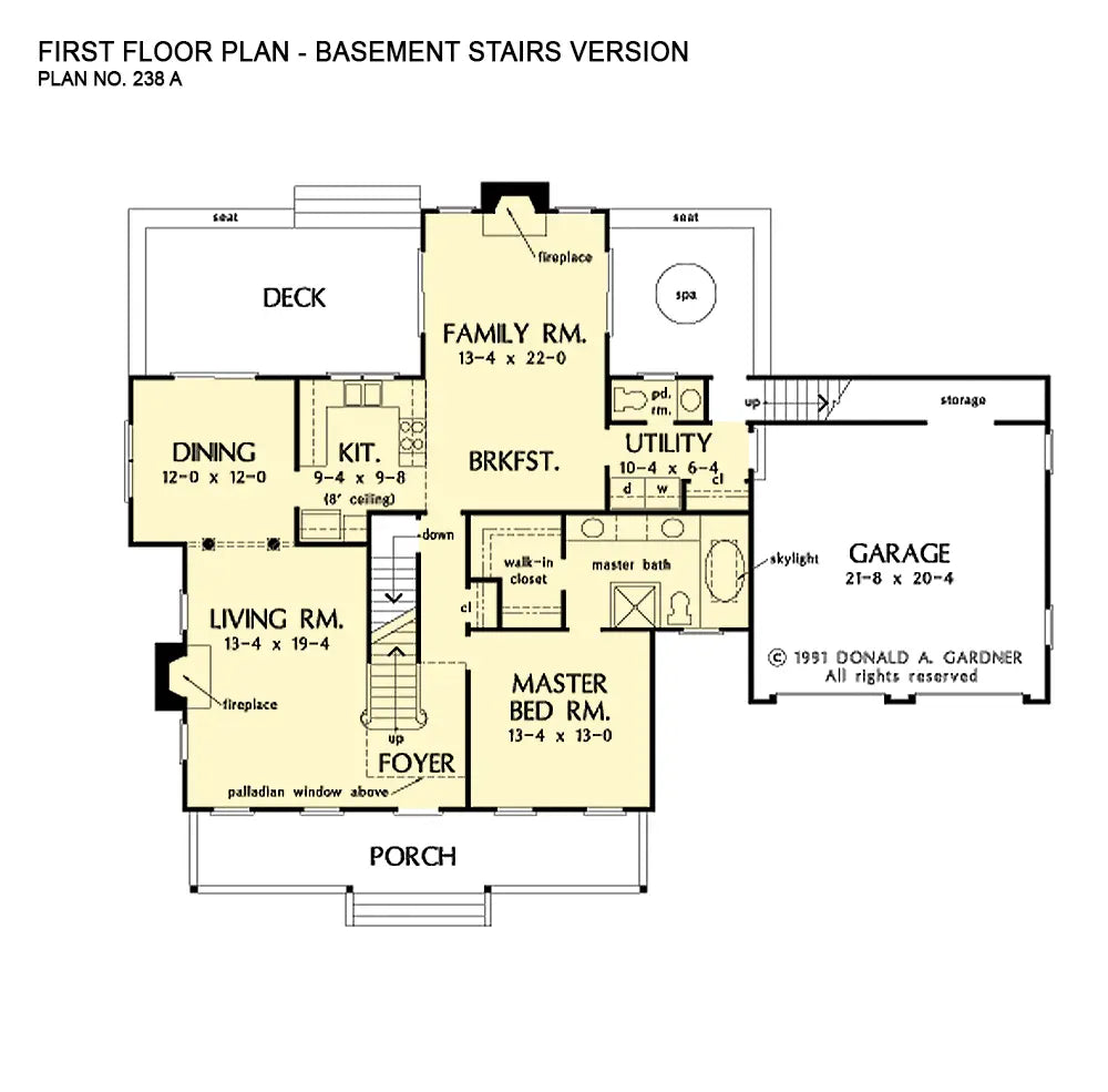 This is the first floor plan image for three bedroom house plan 238 The Berryhill if the home is built over a basement