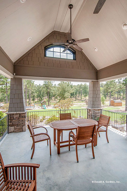 Vaulted ceiling in the covered rear porch. The Birchwood plan 1239.