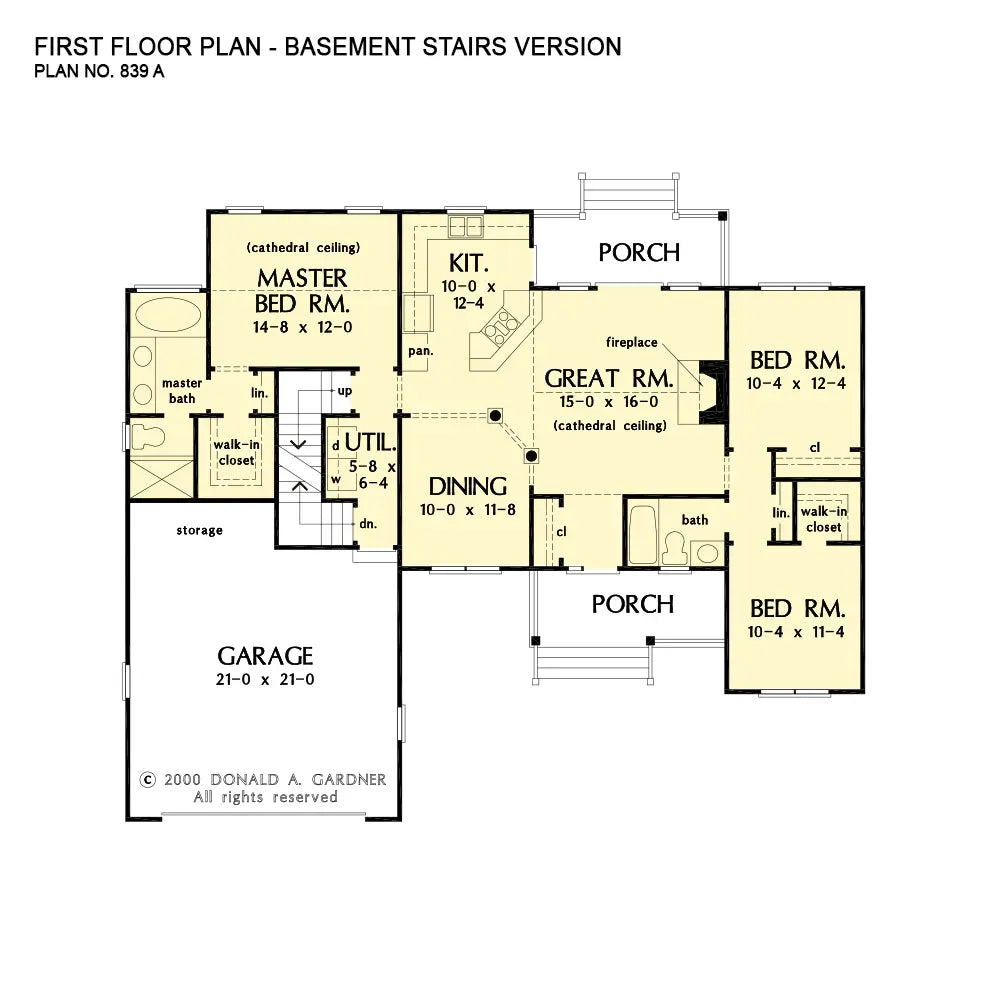 This is the first floor plan image for simple house plan 839 The Blakely if the home is built over a basement