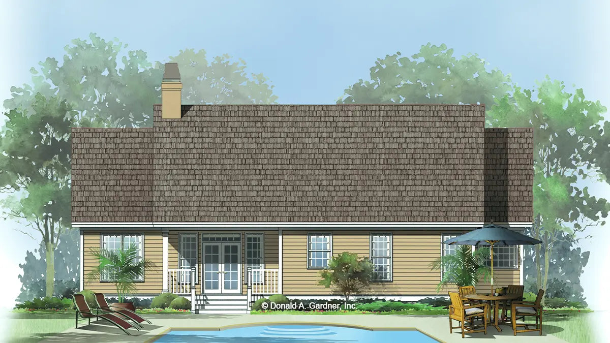 This is an illustration of the rear of simple house plan 839 The Blakely