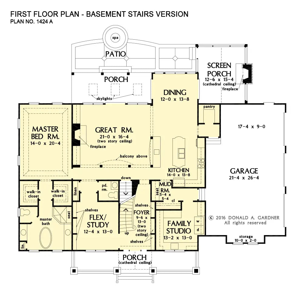 This is the first floor plan image for luxury house plan 1424 The Blarney if the home is built over a basement