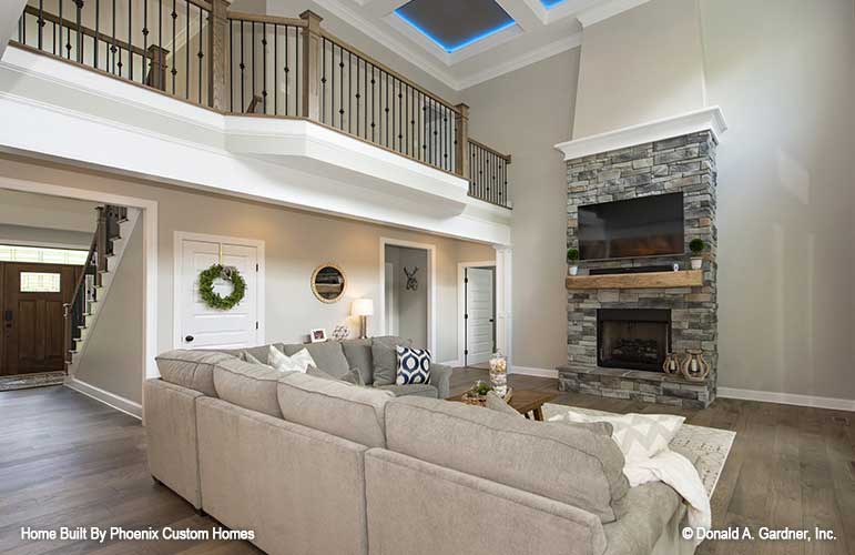 High ceilings in this great room, with the banister above. Blarney plan 1424 