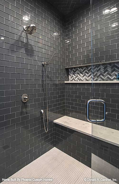 Spa like walk-in shower, beautiful dark tile work. Blarney plan 1424 