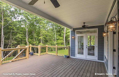 Peaceful outdoor living on this covered deck and outdoor ceiling fan. Blarney plan 1424 