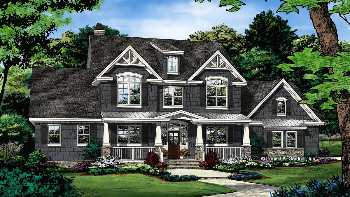 This is an illustration of the front of Modern Farmhouse house plan 1424 The Blarney