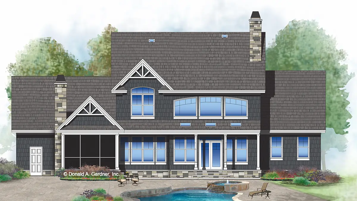 This is an illustration of the rear of luxury house plan 1424 The Blarney